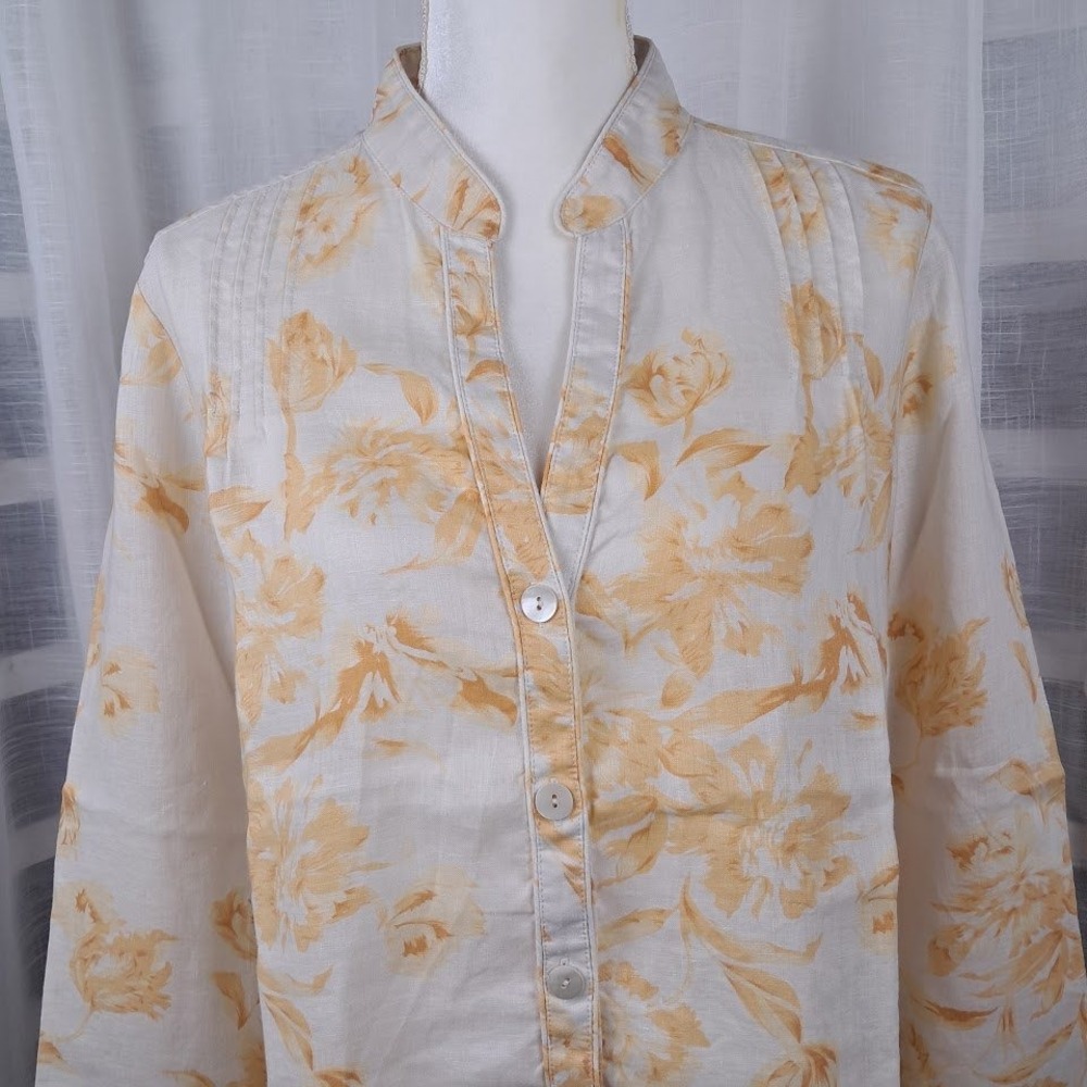 Vintage Rafaella 14 100% Linen Blouse Cream Yellow Floral Button Front Pintuck - Picture 3 of 8